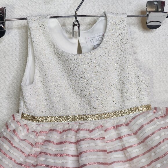 The Childrens Place White Gold Sparkle Pink Stripe Fit & Flare Lined Dress 9-12M - Picture 6 of 16